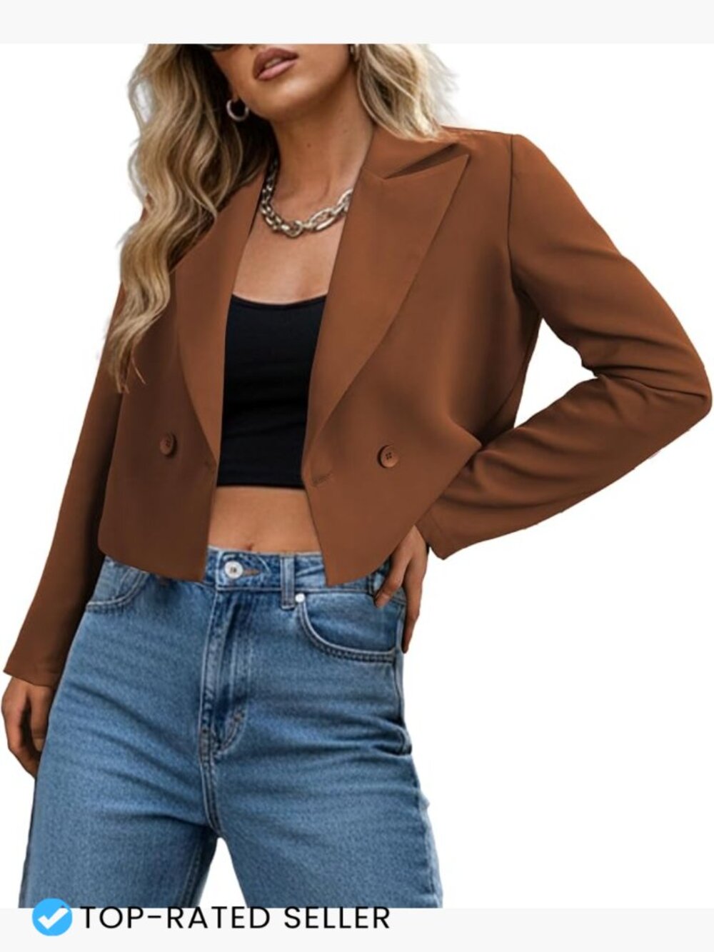 Cropped Double Breasted Blazer for Women Business Casual Office Work Lapel